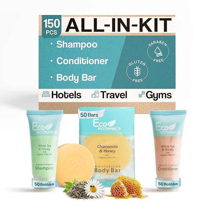 Eco Botanics Soaps & Toiletries Bulk Set | 1-Shoppe Amenities Kit for Hotels & Vacation Rentals | 0.85 oz Shampoo & Conditioner, 0.89 oz Bar Soap | Travel Size | 150 Pieces