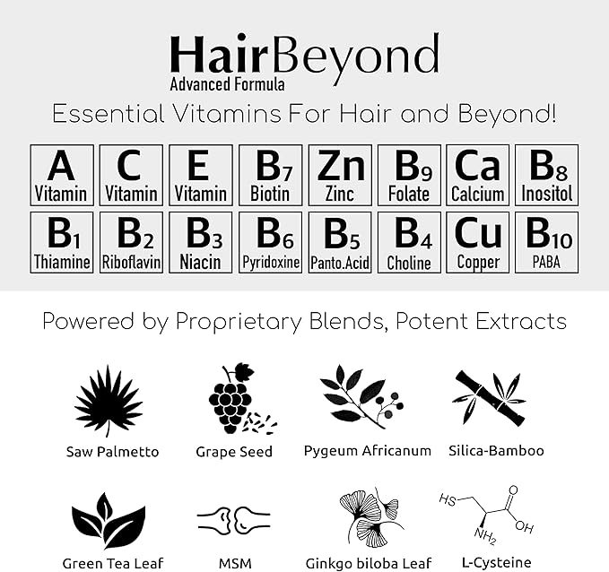 HairBeyond Advanced Hair Growth Formula Improves Follicle & Scalp Strength for Stronger Growth, Hair Loss Protection, Vitamin A, C, E, B Complex Saw Palmetto Silica Zinc Calcium Niacin Thiamin Biotin