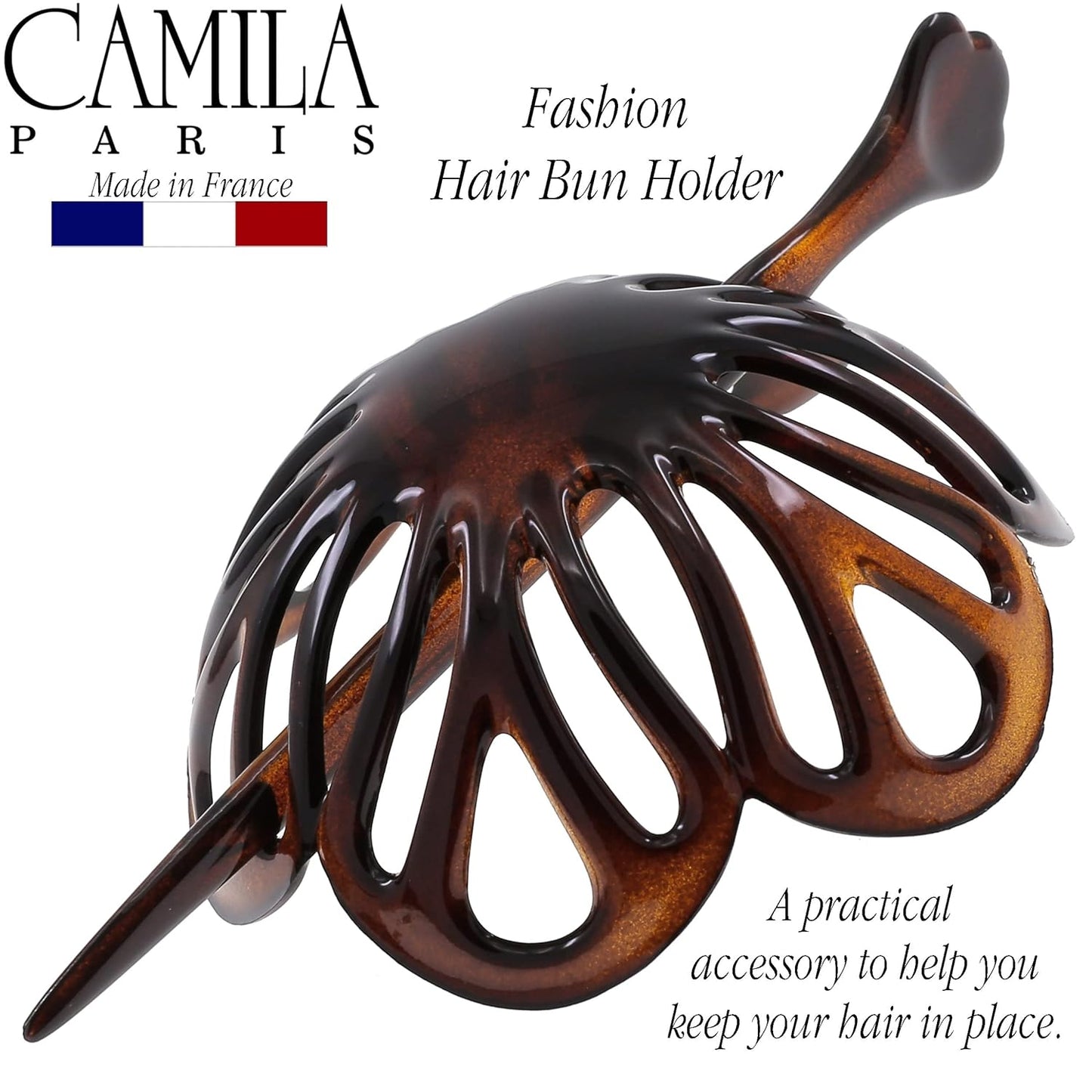 Camila Paris NV149 French Hair Bun Clip Maker Cover Cap Holder, Tortoise Shell, Round Dome Bun Hair Clip for Women Hair Updo, Styling Hair Bun Accessories for Women, No Slip Durable, Made in France