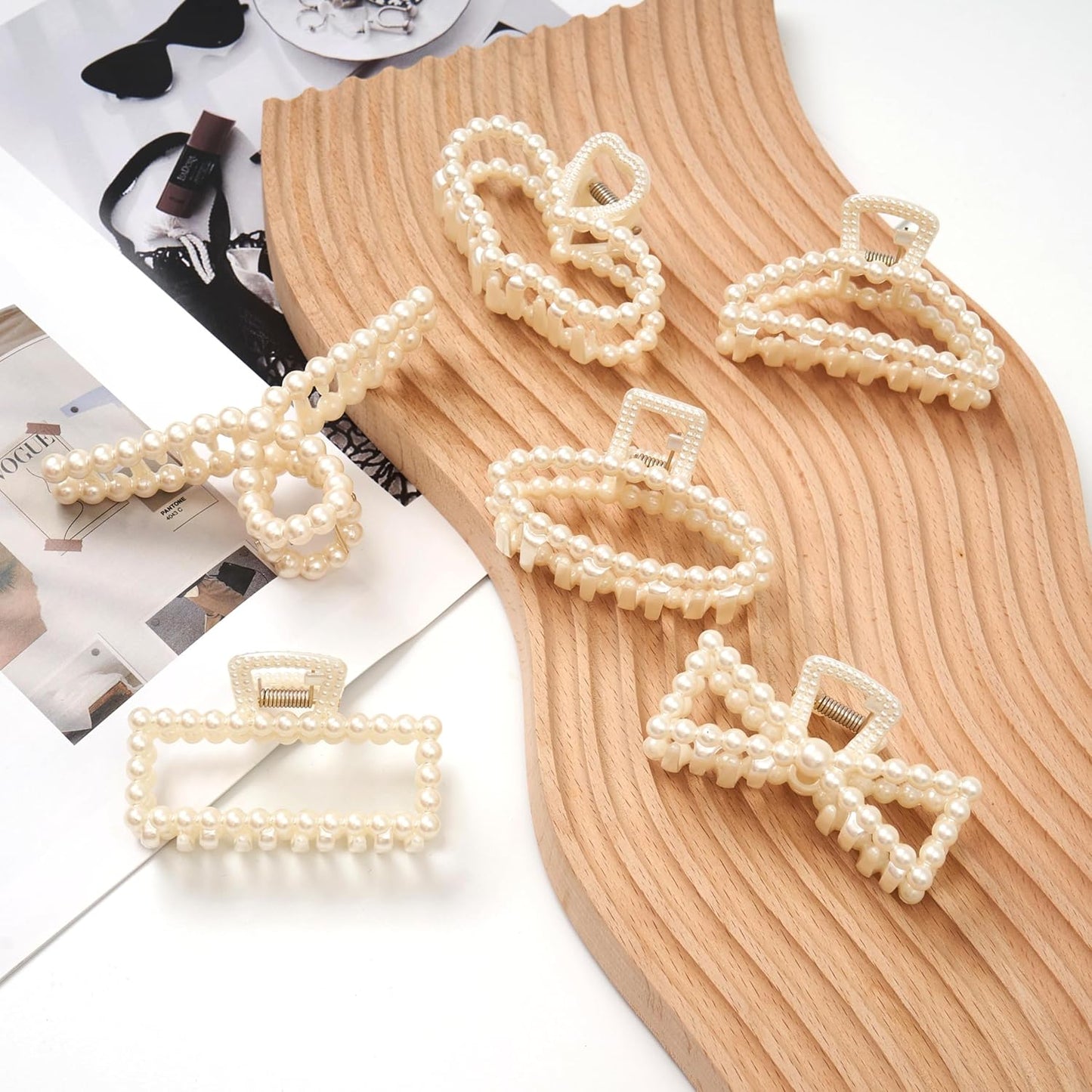 6 PACK Large White Pearl Hair Claws, Strong Hold Non-Slip Jaw Barrettes for Thick Hair, Wedding Styling Gift Accessories for Women and Girls