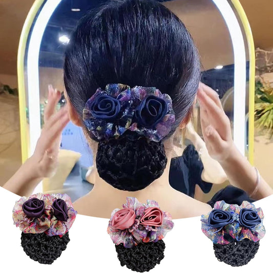 3 Pcs Flower Hair Bun Holder Covers with Bowknot Hair Clips, Ribbon Barrettes, and Hair Net Snood for Women