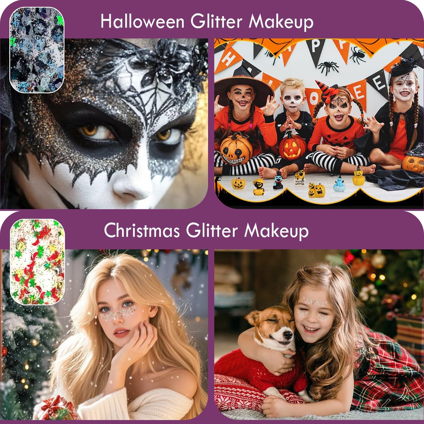 JASSINS 2PCS Body Glitter, 100ml Rose-Purple and White Face Glitter for Women Girls Kids, Glitter Gel Makeup Tween Gifts, Singer Concerts Festival Rave Accessories, Chunky Mermaid Sequins Glitter