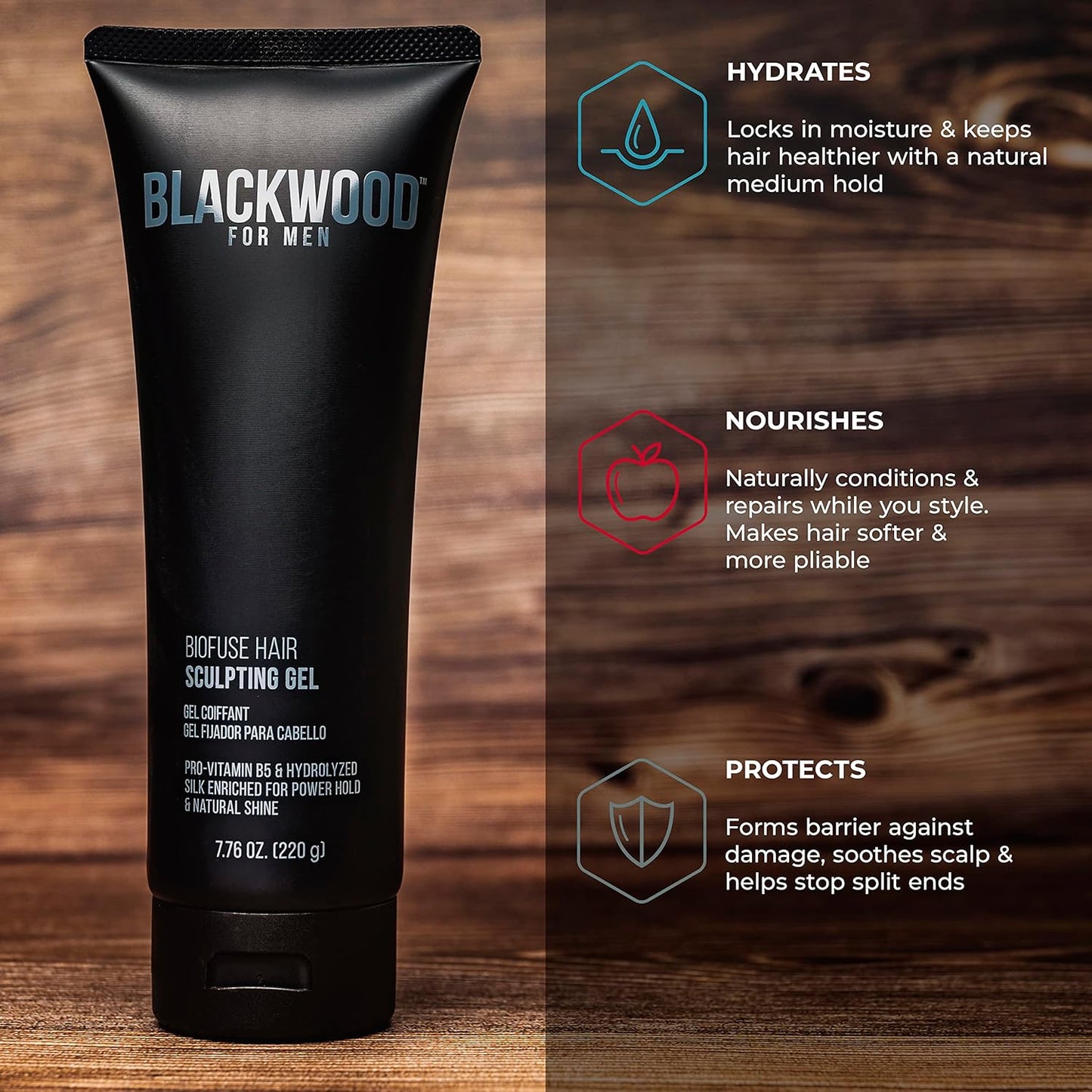 Blackwood For Men BioFuse Hair Sculpting Gel - Men's Hair Styling Product for All Hair Types - Long Lasting Hold - Natural Vegan Formula - Sulfate Free, Paraben Free, & Cruelty Free (7.76 Oz)