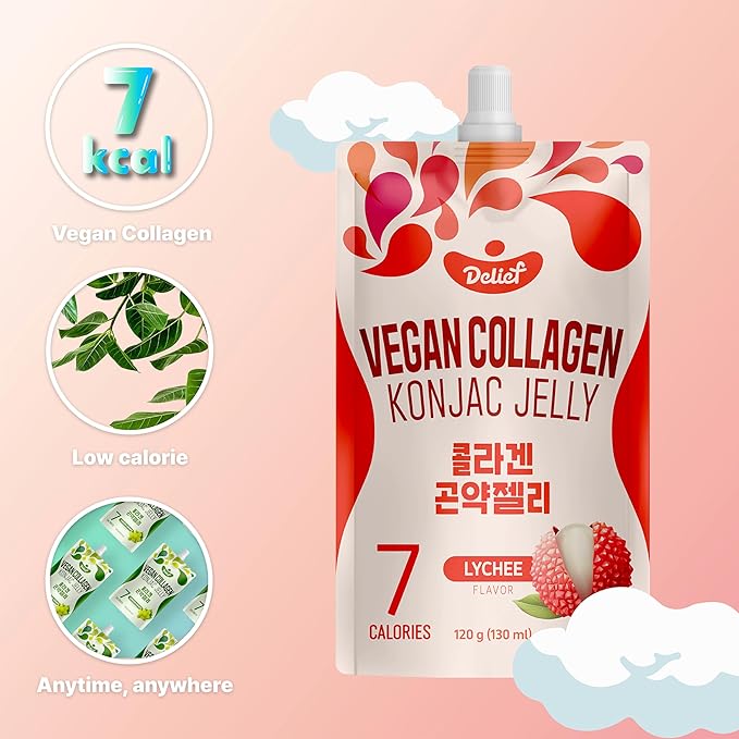 Vegan Collagen Konjac Jelly (Lychee Flavor) 120g x 10 Packs – Low-Calorie Fruit Gel Snack, Gluten-Free, Plant-Based, 7 kcal per Pouch