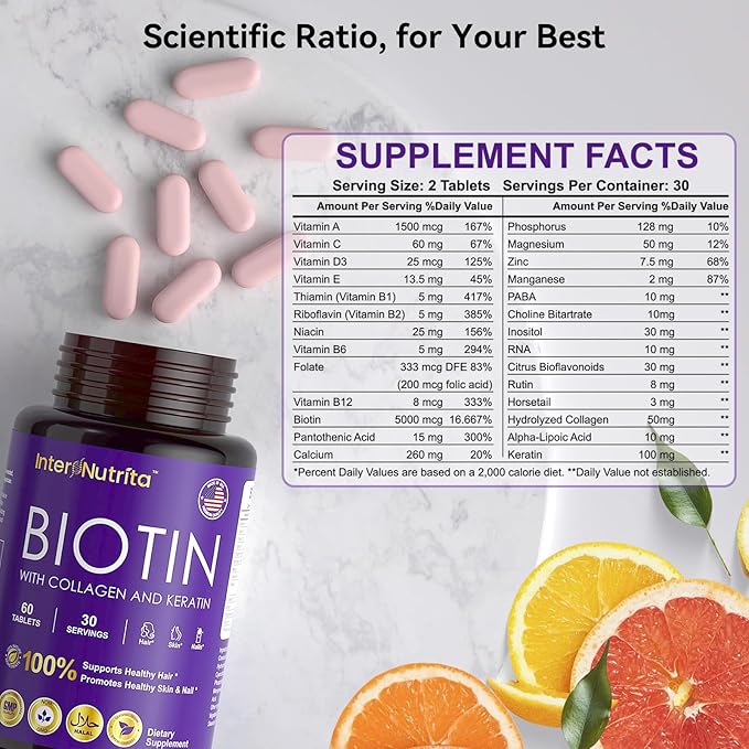 Biotin with Hydrolysed Collagen and Keratin, 5000mcg Biotin for Hair Growth，Skin & Nails & Energy Production，USA Made - Vitamin A, C, D3, E, B1, B2, B7, B12 Complex