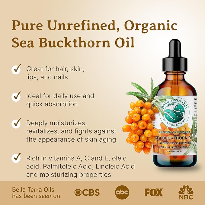 Bella Terra Oils - Organic Sea Buckthorn Oil 2 oz - Dive into Rich Essence of Organic Sea Buckthorn Berry, Packed with Vitamin C, E, & A, Omega-Fatty Acids Delight for Face