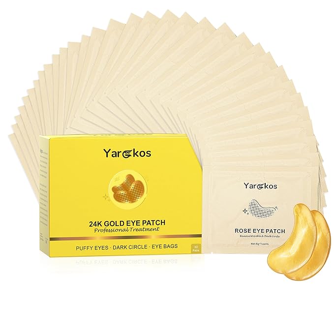 32 Pairs 24K Gold Under Eye Patches, Golden Cooling Hydrating Eye Mask for Dark Circles Puffiness Puffy Eyes, 32 Sets Anti Wrinkle Collagen Undereye Pad, Travel Beauty Skincare Face Gel