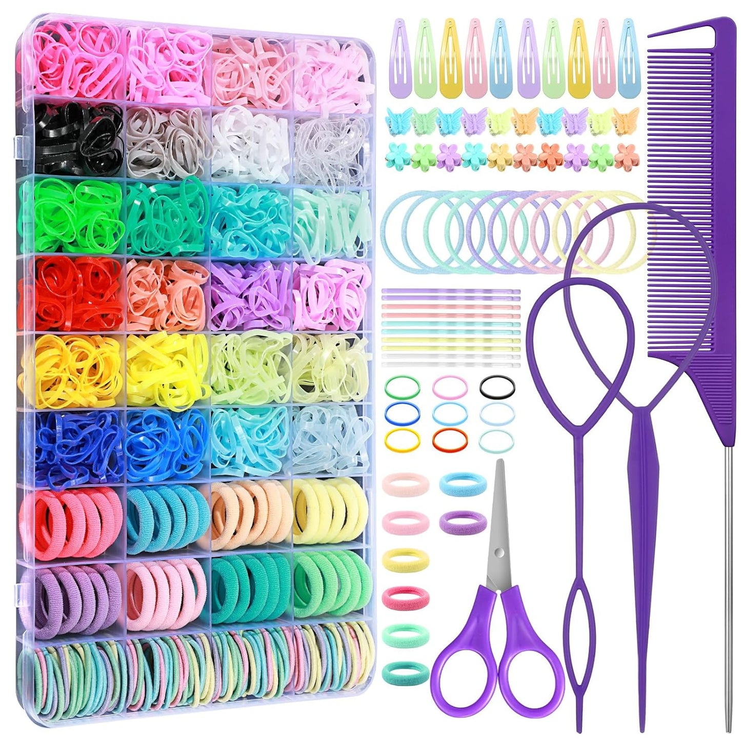Hair Accessories for Girls, 1784 Pcs Elastic Ties Set 24 Color Rubber Bands With Organizer Box Cotton Baby Ties Styling Tool Set Clips Elastic Cutter Scissor