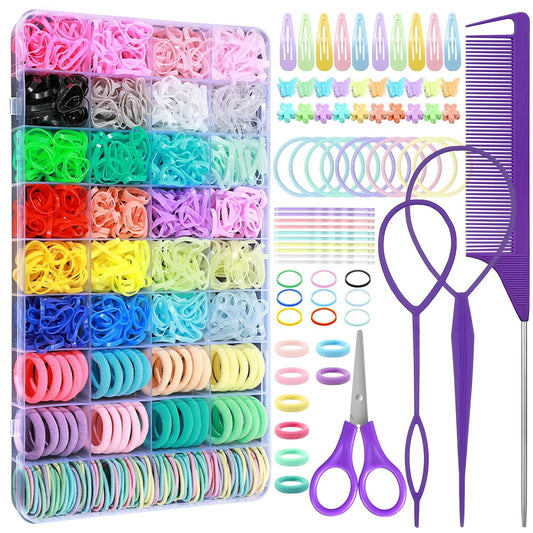 Hair Accessories for Girls, 1784 Pcs Elastic Ties Set 24 Color Rubber Bands With Organizer Box Cotton Baby Ties Styling Tool Set Clips Elastic Cutter Scissor