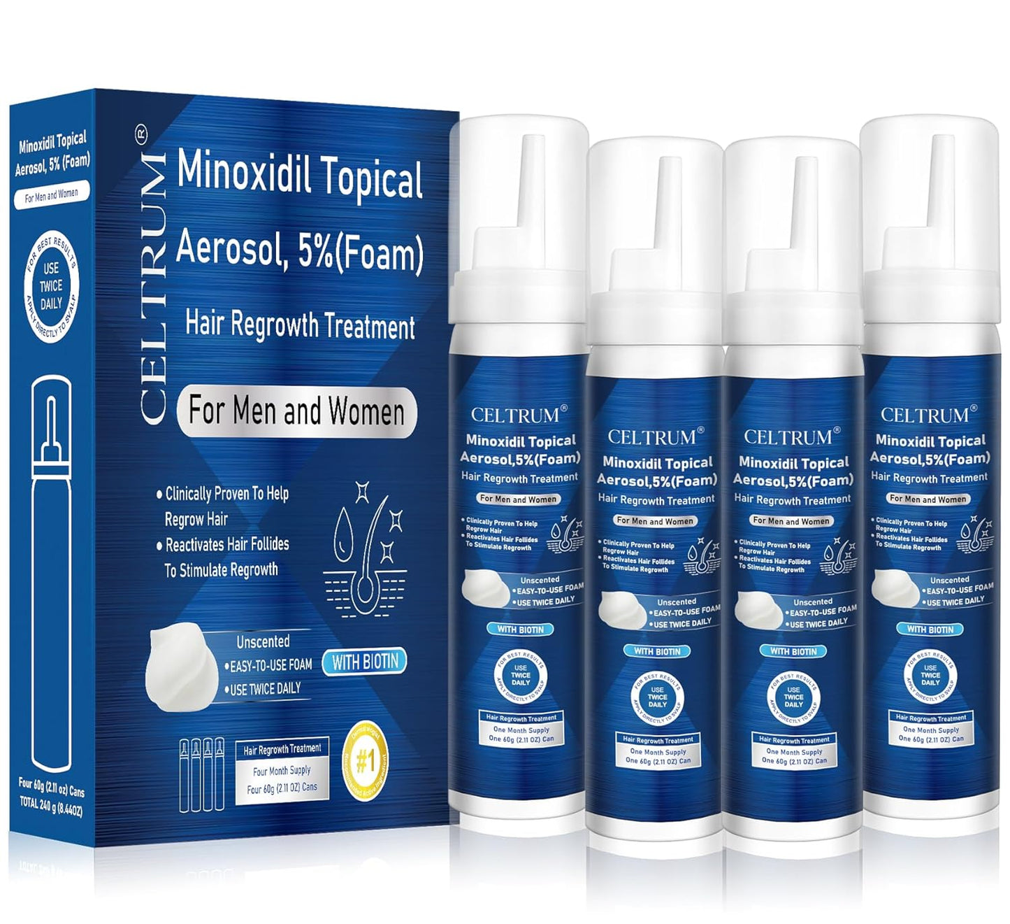 5% Topical Minoxidil Foam, Minoxidil for Men and Women, Infused with Biotin, Hair Growth Treatment, Supports Thicker and Fuller Hair & Beard (Minoxidil Foam, 8.44oz, 4 Month Supply)