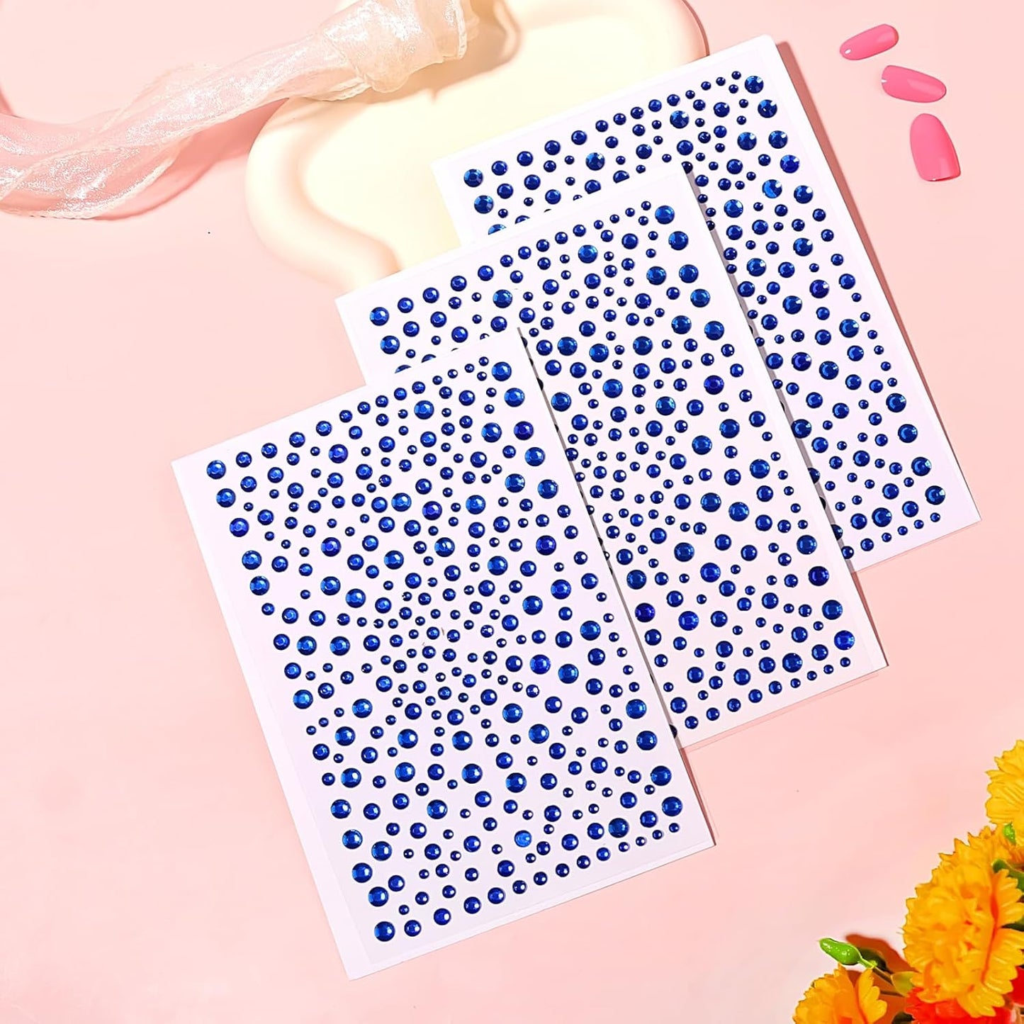 Self Adhesive Face Gems and Pearls for Makeup, Festival Jewels, Hair Gems, Rhinestone Stickers for Face, Eye, Makeup, Nail, Body, Crafts 3/4/5/6 mm 975Pcs (16.gem_darkblue)