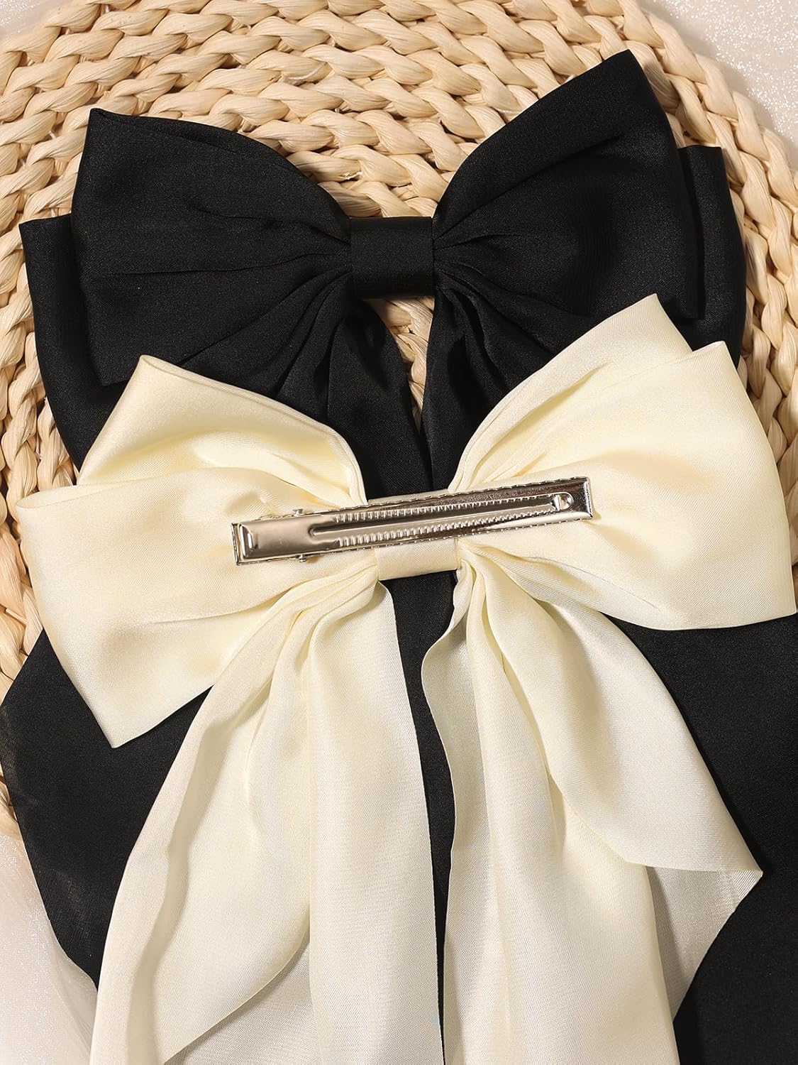 Furling Pompoms Hair Clip Hair Bows, 2pcs Beige/Black Satin Big Hair Bows for Women & Girls, Hair Barrettes with Alligator Clips, Hairpins for Long Tails, Hair Accessories