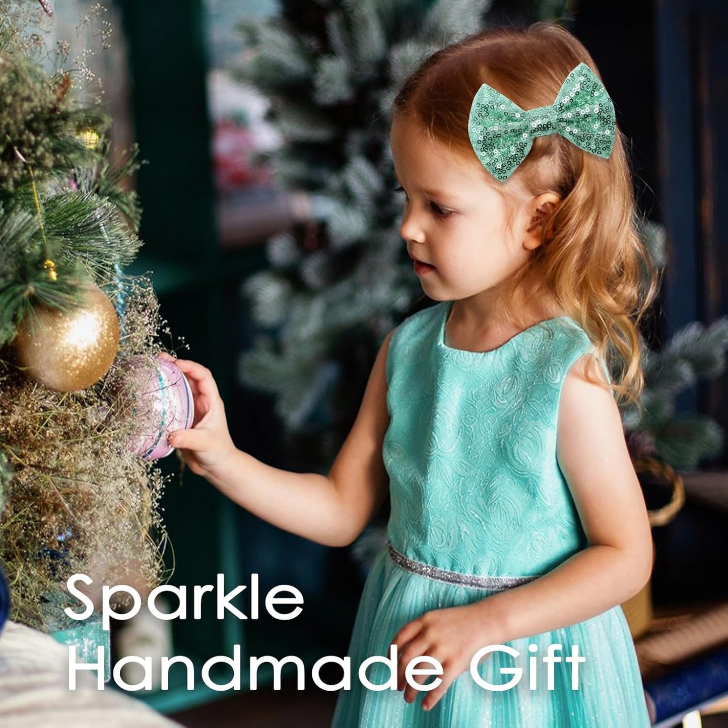 KISZU 4 Inch Sequin Glitter Hair Bows Clips, Sparkling Bling Little Bow HairPins Hair Accessories for Baby Girls Kids Children Teens and Women (Green)