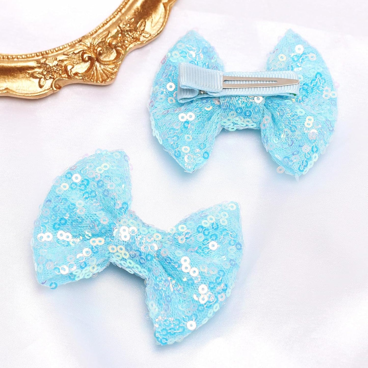 KISZU 3 Inch Glitter Hair Bows Clips, Sparkling Sequin Little Bow HairPins for Baby Girls Children Teens and Women (Light Blue)