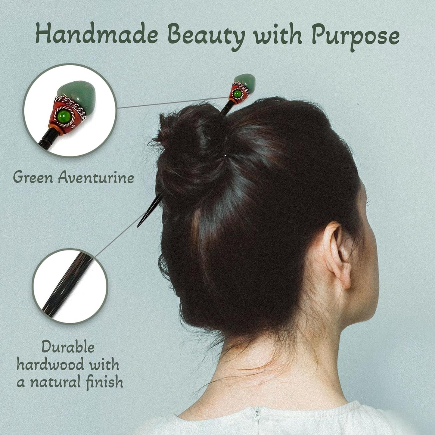 Mia Jewel Shop - Natural Tumbled Healing Gemstone Crystal Chonta Wooden Hair Sticks – Handmade Hair Sticks for Women | Hair Pins Boho Reiki Accessories, Fashion Gifts (Green Aventurine)