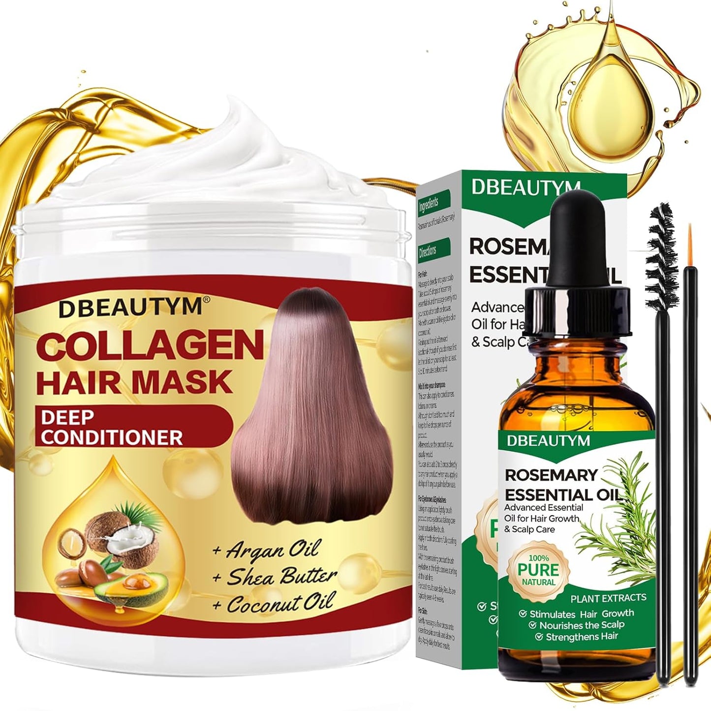 Collagen Hair Treatment Hair Mask & Rosemary Hair Growth Oil,Deep Conditioner Hydrating Hair Mask for Dry Damaged Hair,Hair Growth Oil for Hair Loss,Natural Hair Regrowth Treatment for Men and Women