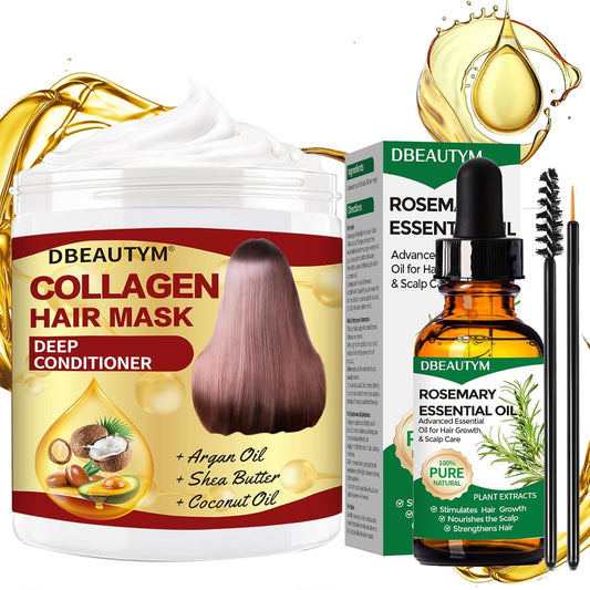 Collagen Hair Treatment Hair Mask & Rosemary Hair Growth Oil,Deep Conditioner Hydrating Hair Mask for Dry Damaged Hair,Hair Growth Oil for Hair Loss,Natural Hair Regrowth Treatment for Men and Women