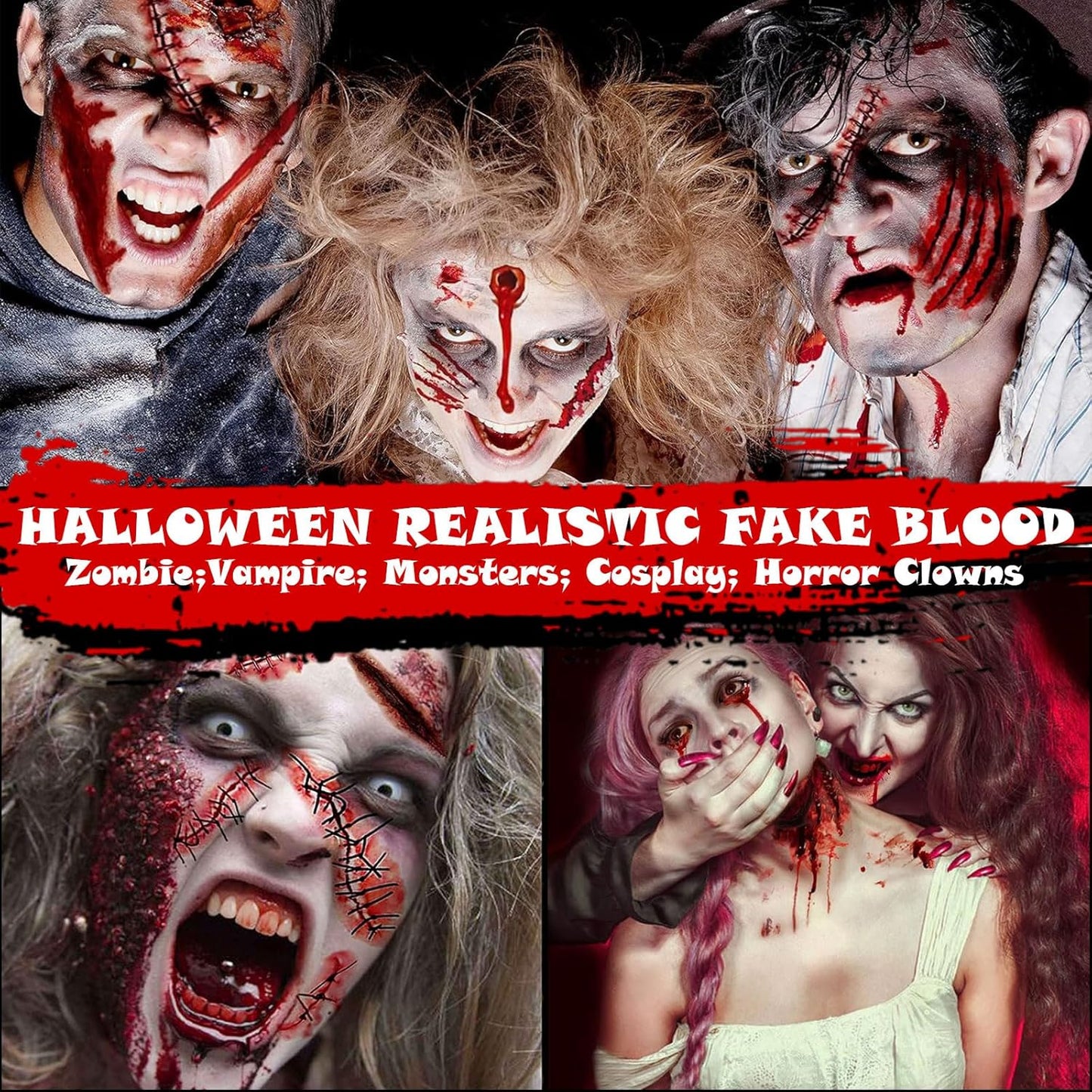Halloween Fake Blood Makeup Kit 3PCS, Blood Spray 2.1oz, Dripping Blood 2.1oz, Coagulated Gel 1.41oz, Washable SFX Makeup Set for Vampire Zombie Monster Cosplay & Party Dress Up