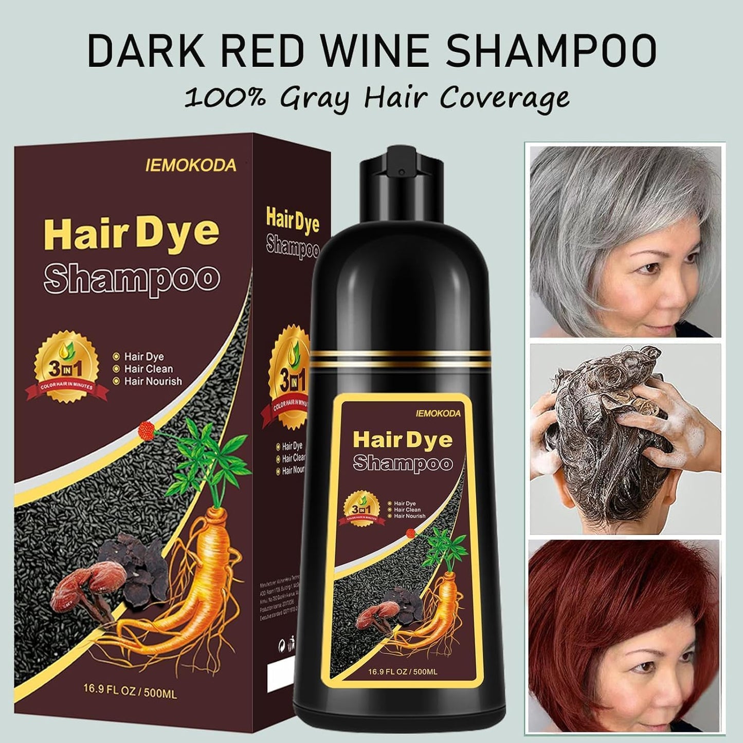 Natural Hair Color Shampoo for Gray Coverage, Instant Red Hair Dye Shampoo 3 in 1, Shampoo Hair Dye Works in Minutes, Red Hair Shampoo, Shampoo Para Canas for Women and Men