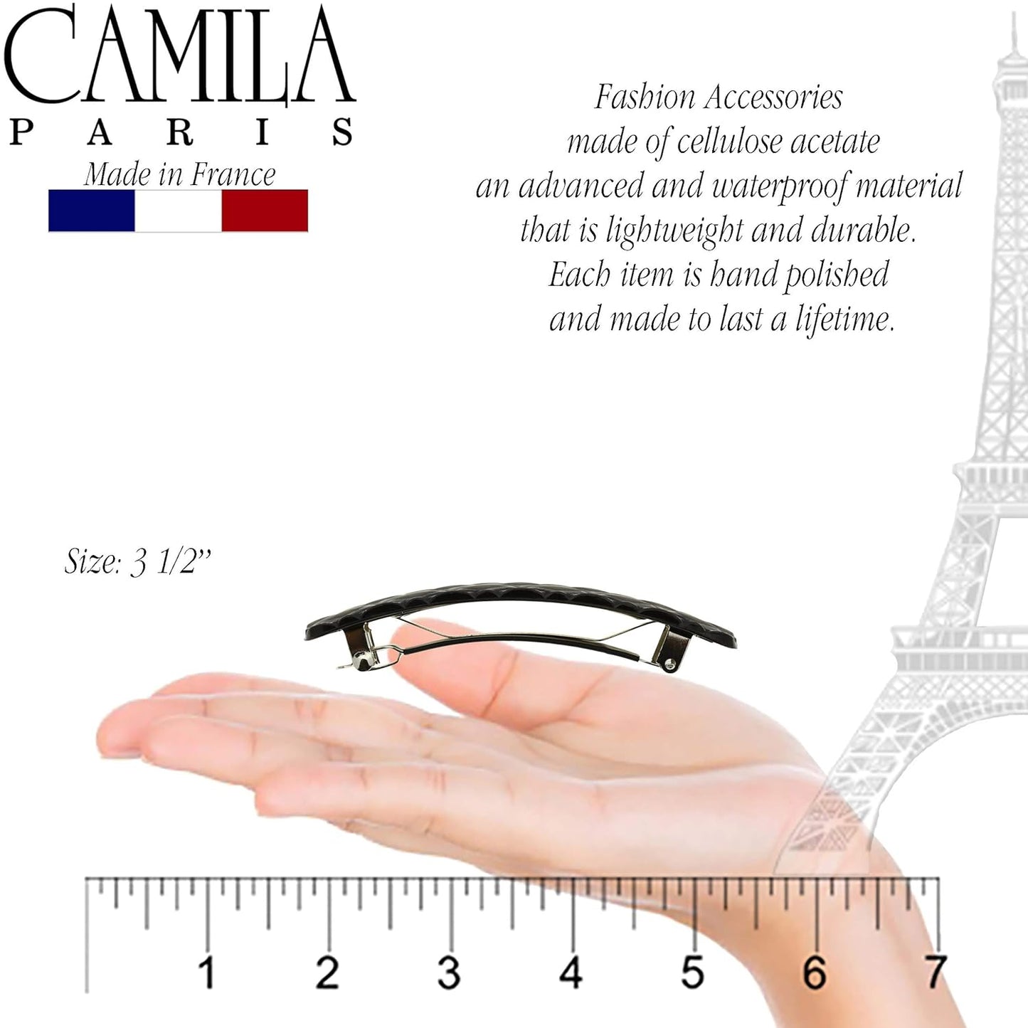 Camila Paris CP2650 French Hair Barrette Clip for Girls, Black, Rubberized Metal Closure Strong Hold Grip Hair Clips for Women, No Slip and Durable Styling Girls Hair Accessories, Made in France