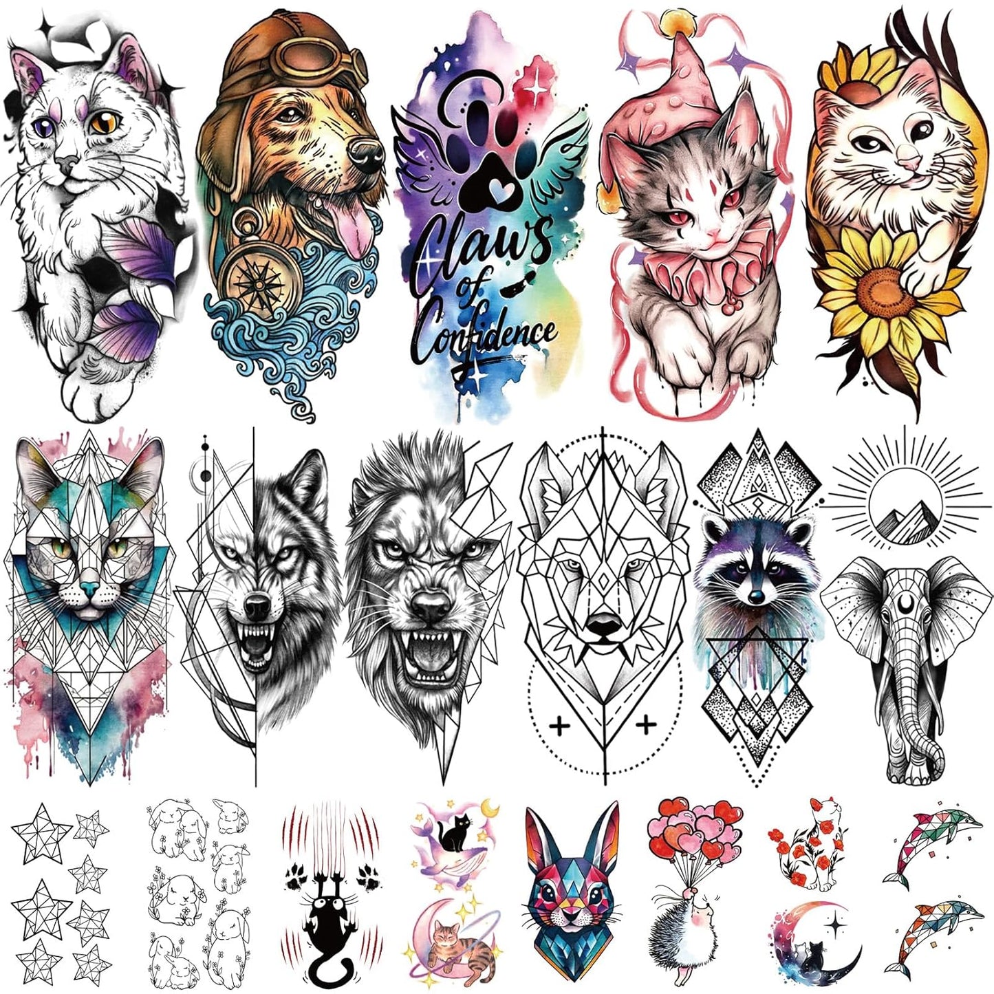 77 Sheets Temporary Tattoo, 17 Sheets Half Arm Cute Cat Dog Rabbit Lion Elephant Chest Tattoos for Adults Men Women, 60 Sheets Small Tattoos Stickers for Boys Girls Kids Body Art