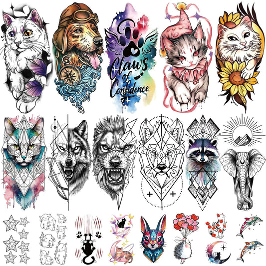 77 Sheets Temporary Tattoo, 17 Sheets Half Arm Cute Cat Dog Rabbit Lion Elephant Chest Tattoos for Adults Men Women, 60 Sheets Small Tattoos Stickers for Boys Girls Kids Body Art