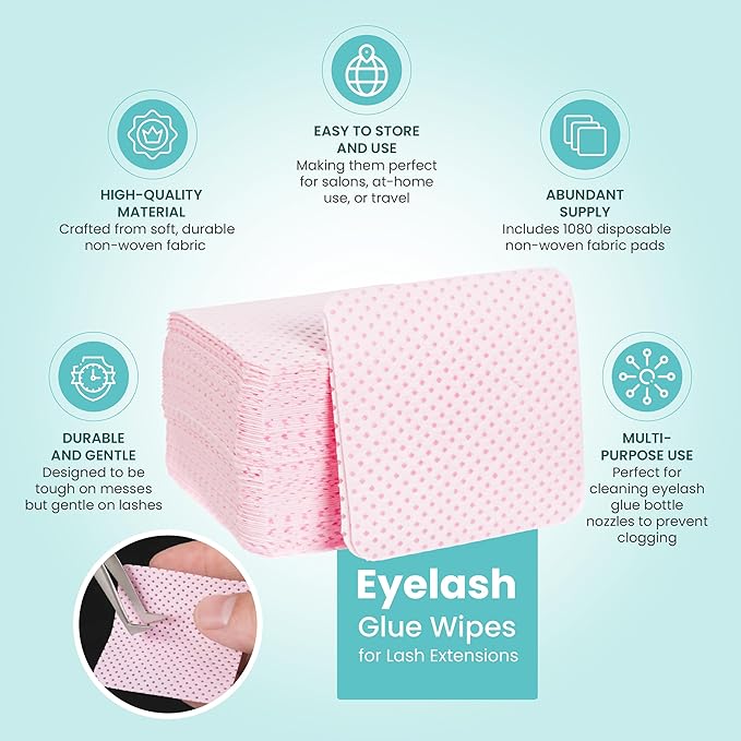 Eyelash Glue Wipes for Lash Extensions - 1080 PCS - Non-Woven Fabric Pads - Glue Wipes Lash Extensions -Adhesive Wipes - Lash Glue Cleaning Pads - Lint Free Nail Wipes (Pink)
