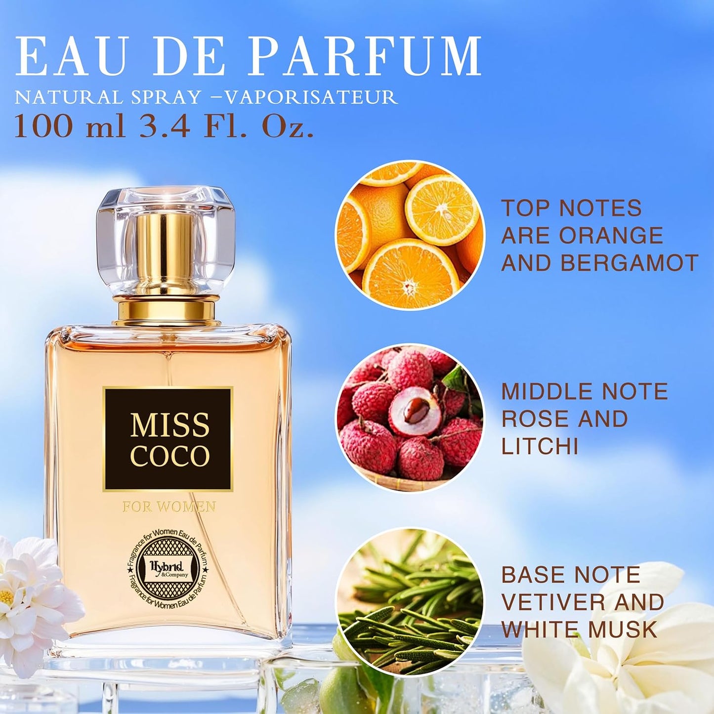 Hybrid & Company Miss Coco Fragrance for Women Eau De Parfum Natural Spray Sensual Scent, 3.4 Fl Oz