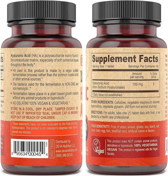 DEVA Vegan Hyaluronic Acid 100mg Tablets, Slow Release, 2-Pack – Non-GMO, Non-Hemolytic, 90 Count Ea