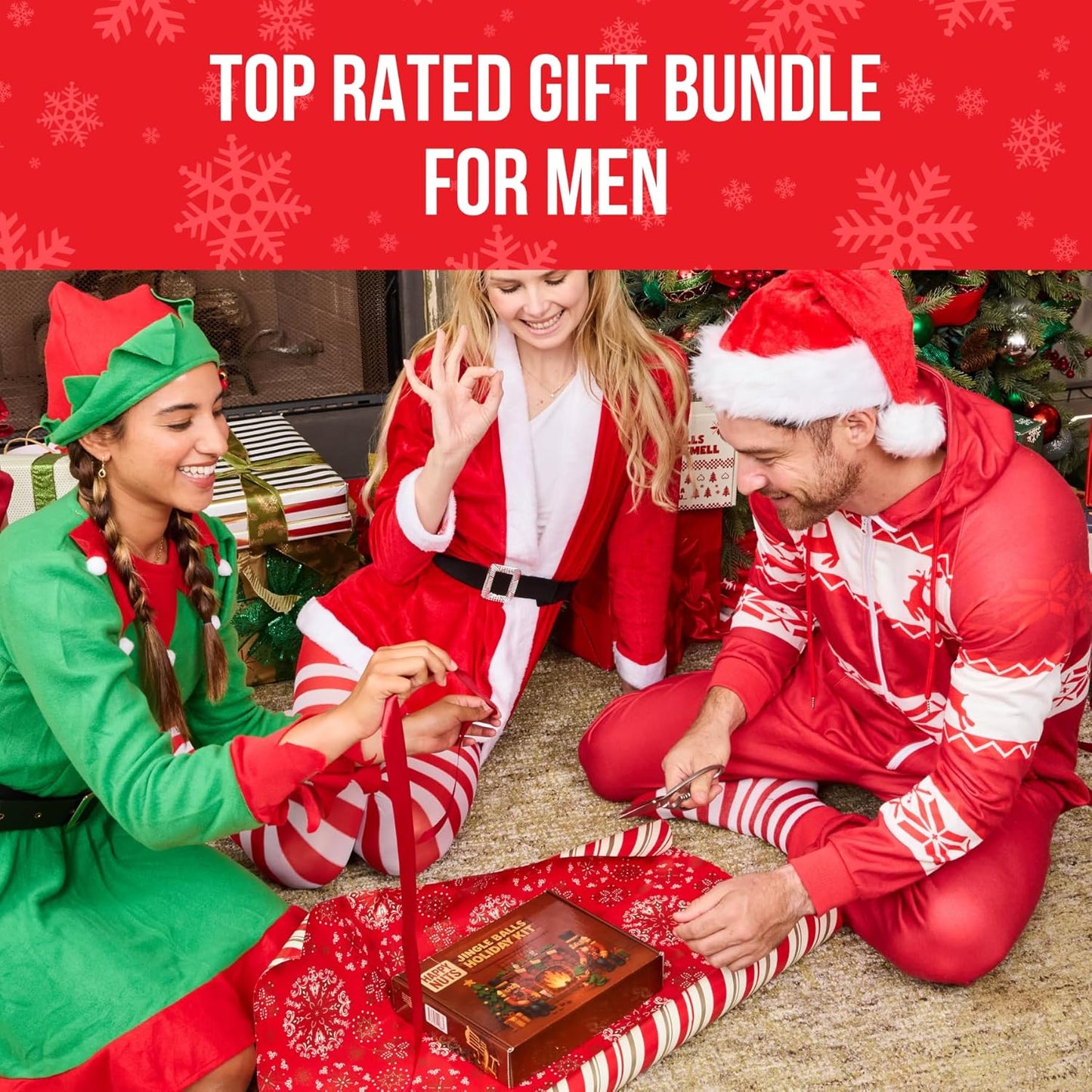 HAPPY NUTS Jingle Balls Holiday Kit - Gift Box for Men with Comfort Cream, Hydrating Body Wash & Whole Body Deodorant - Hilarious Stocking Stuffer or White Elephant Mens Gift Basket Idea for Him