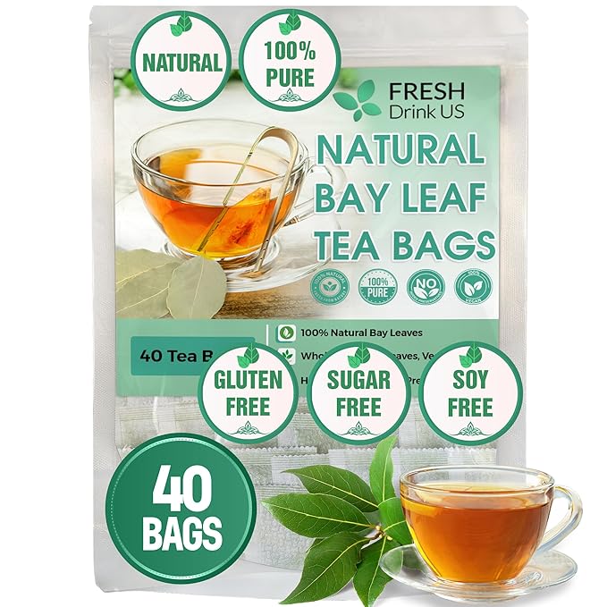 FreshDrinkUS, Premium 40 Bay Leaf Tea Bags, 100% Natural & Pure from Bay Leaves. Loose Leaf Bay Herbal Tea. Made with Natural Material Tea Bags, No Sugar, No Caffeine, No Gluten, Vegan.