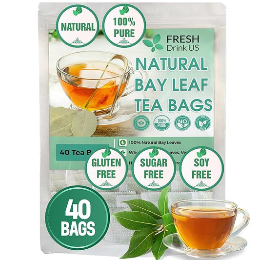 FreshDrinkUS, Premium 40 Bay Leaf Tea Bags, 100% Natural & Pure from Bay Leaves. Loose Leaf Bay Herbal Tea. Made with Natural Material Tea Bags, No Sugar, No Caffeine, No Gluten, Vegan.