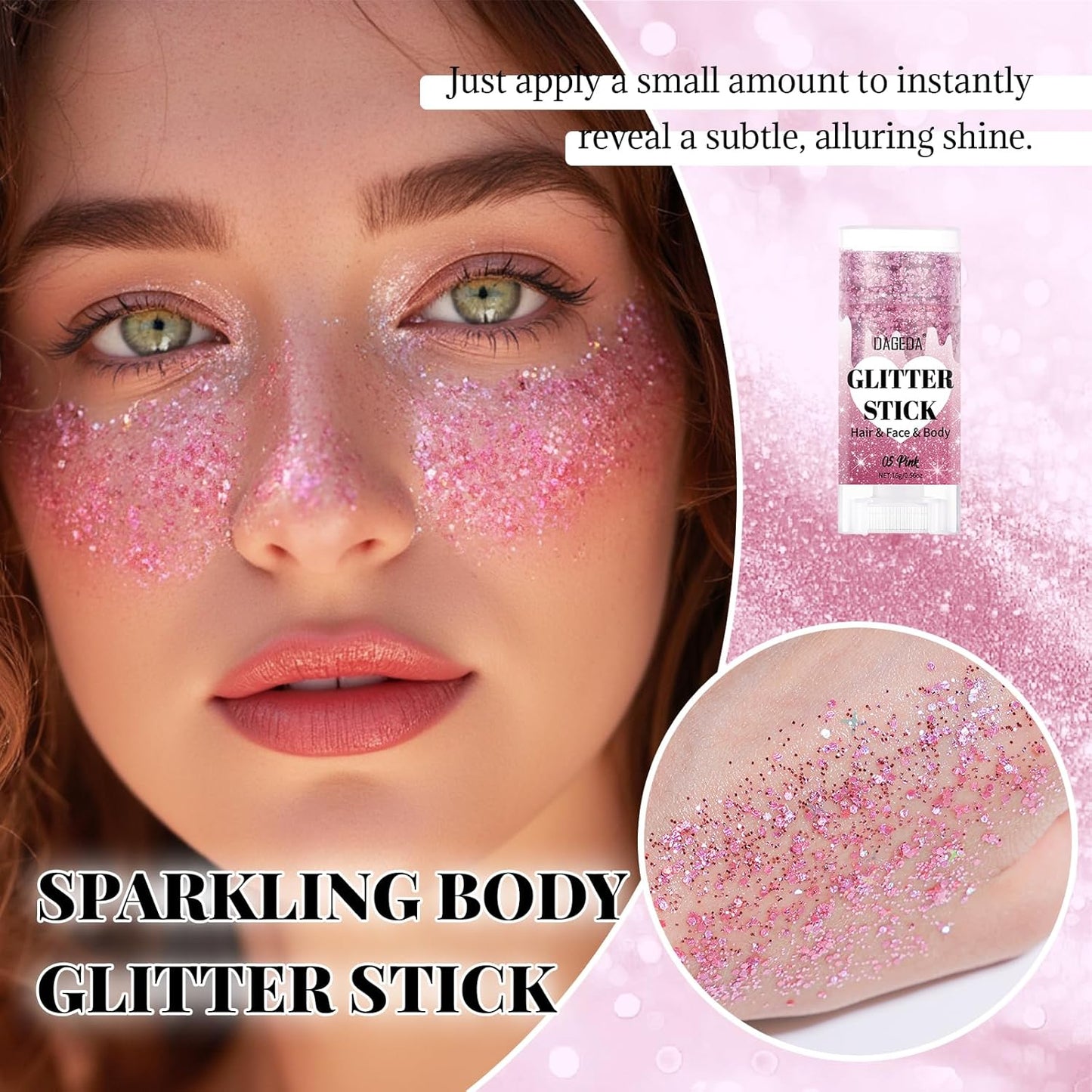 DAGEDA Pink Body Glitter Stick,Sparkly Face Glitter Makeup,Holographic Hair Glitters Mermaid Makeup Rave Outfits for Women, Shimmer Face Paint Stick Singer Concert Accessories
