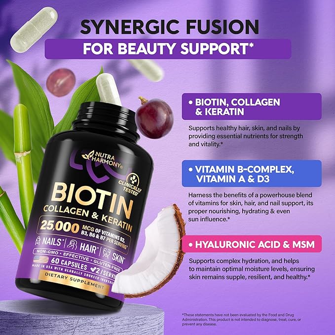 Biotin | Collagen | Keratin - Clinically Tested Supplement - Hair Growth Support, Skin & Nails - 25000 mcg Vitamins B2, B3, B6 & B7 + B1 & Hyaluronic Acid - Made in USA - Women & Men | 60 Capsules