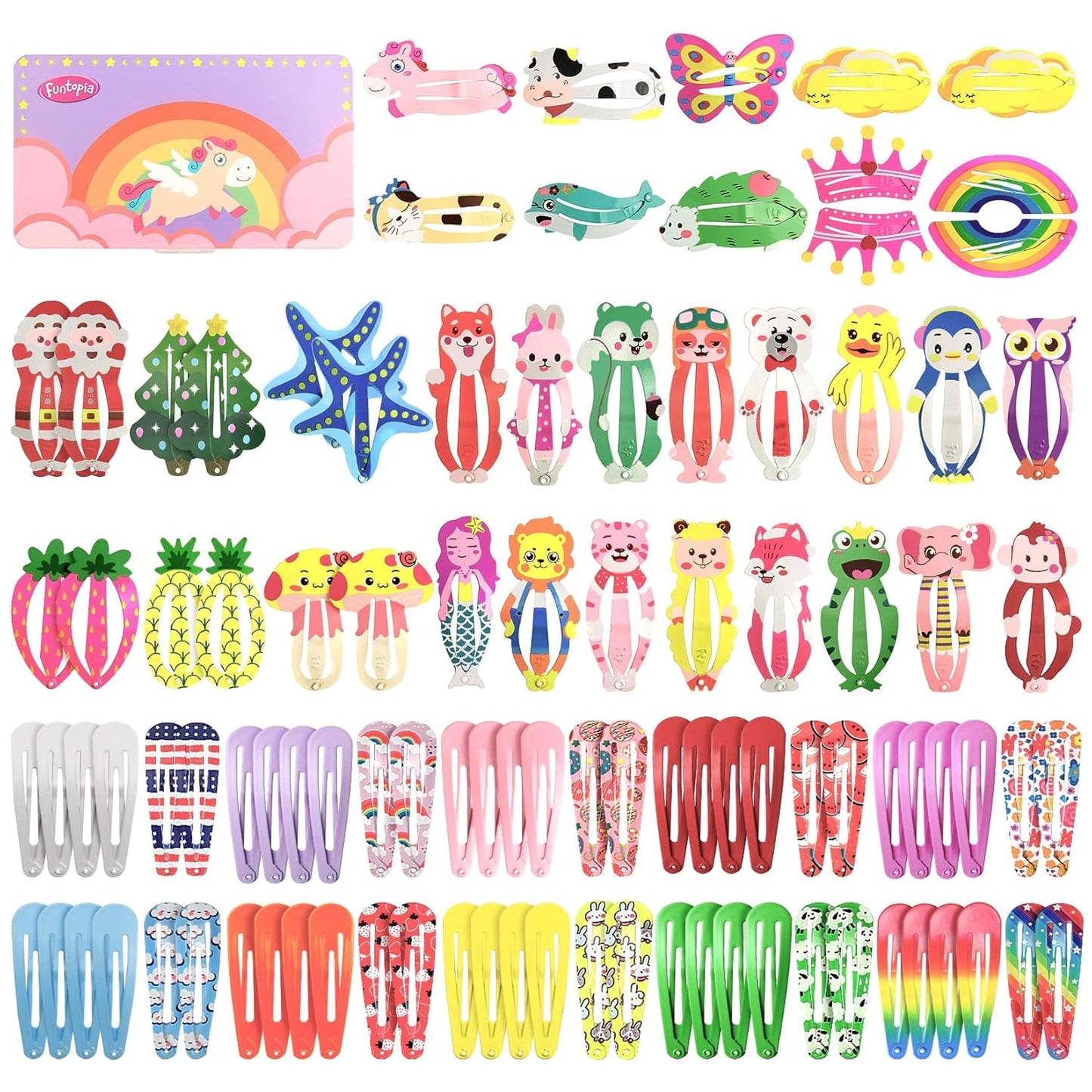 Hair Clips, Funtopia 100 Pcs Cute Snap Clips Barrettes for Women Teens Girls Kids, Colorful No Slips Metal Fruit Animal Hair Clips for Birthday Party Christmas Gift