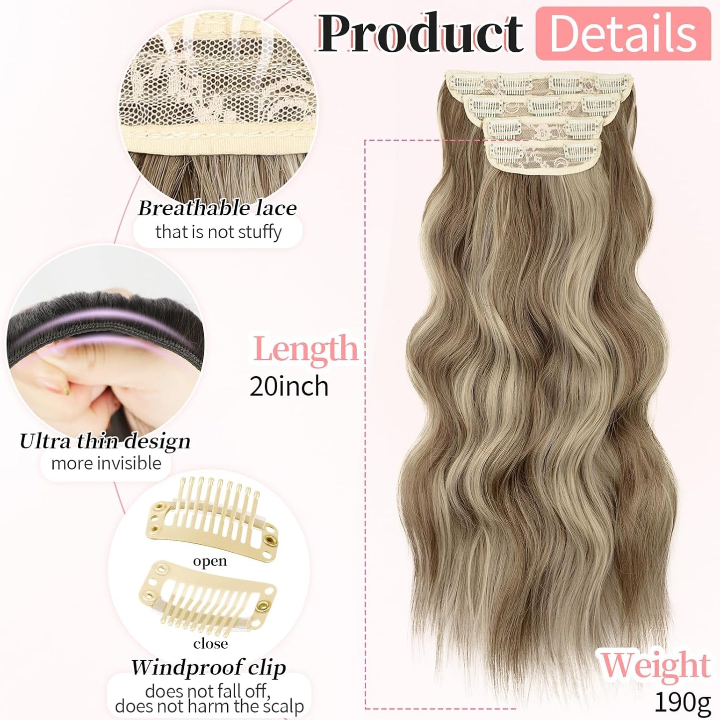 KooKaStyle Clip in Synthetic Hair Extensions Long Wavy 4PCS Thick Hairpieces Ash Blonde Balayage Fiber Double Weft Natural Hair Extensions 20 Inch for Women