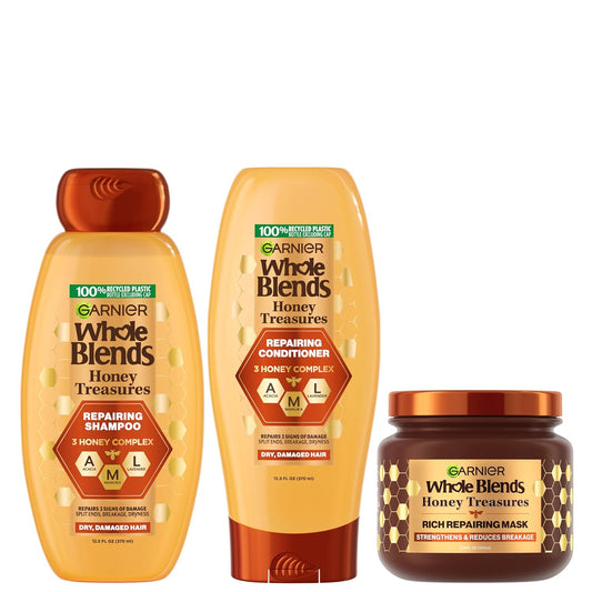 Garnier Whole Blends Honey Treasures Repairing Shampoo, Conditioner + Hair Mask Set for Dry, Damaged Hair (3 Items), 1 Kit (Packaging May Vary)