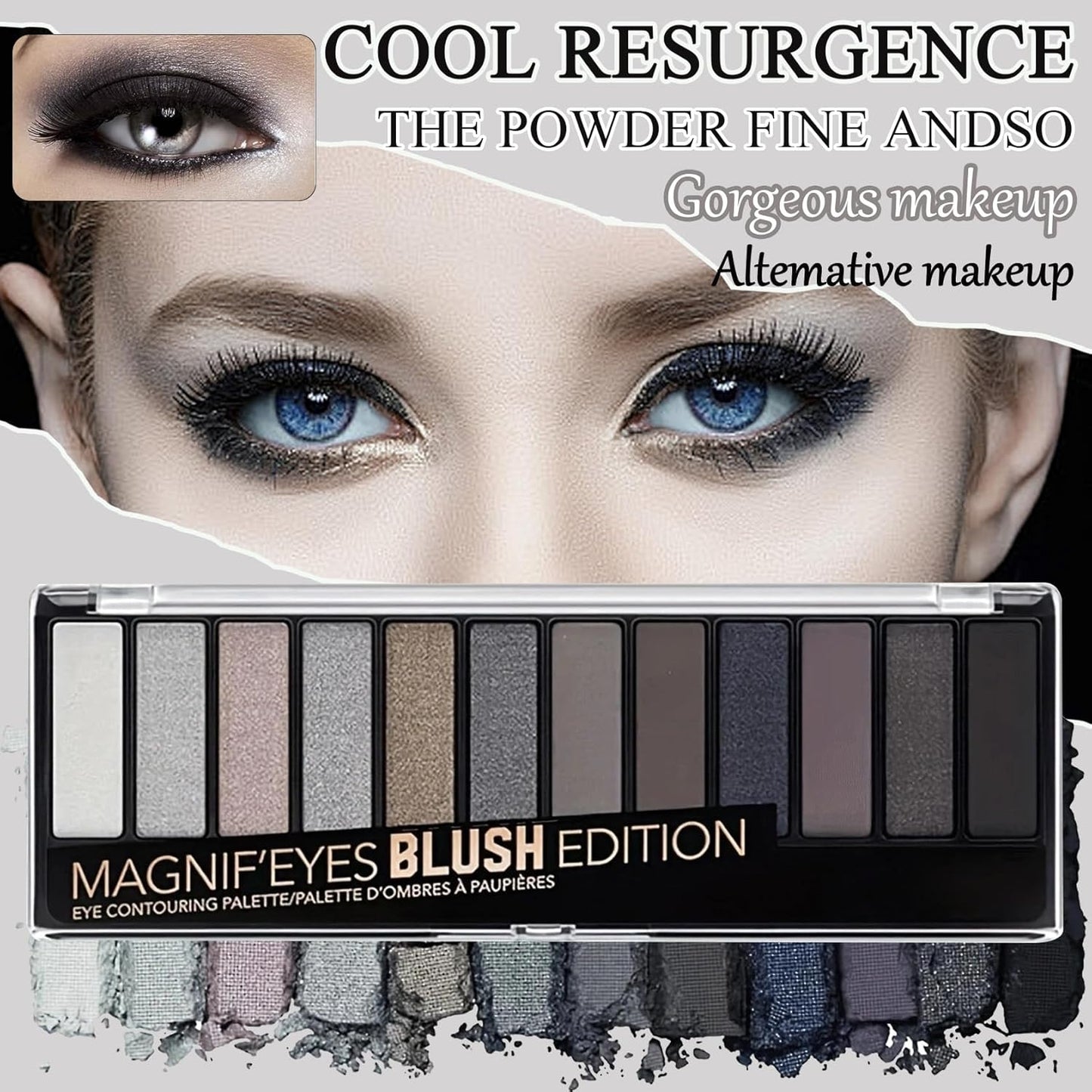 Black Grey Smoky Eyeshadow Palette,15 Colors Matte Shimmer Pigmented Eye Shadow Makeup Palette Set with 3 Eyeshadow Brushes,Glitter Eyeshadow Makeup Palette for Daily Halloween Goth Makeup(G)