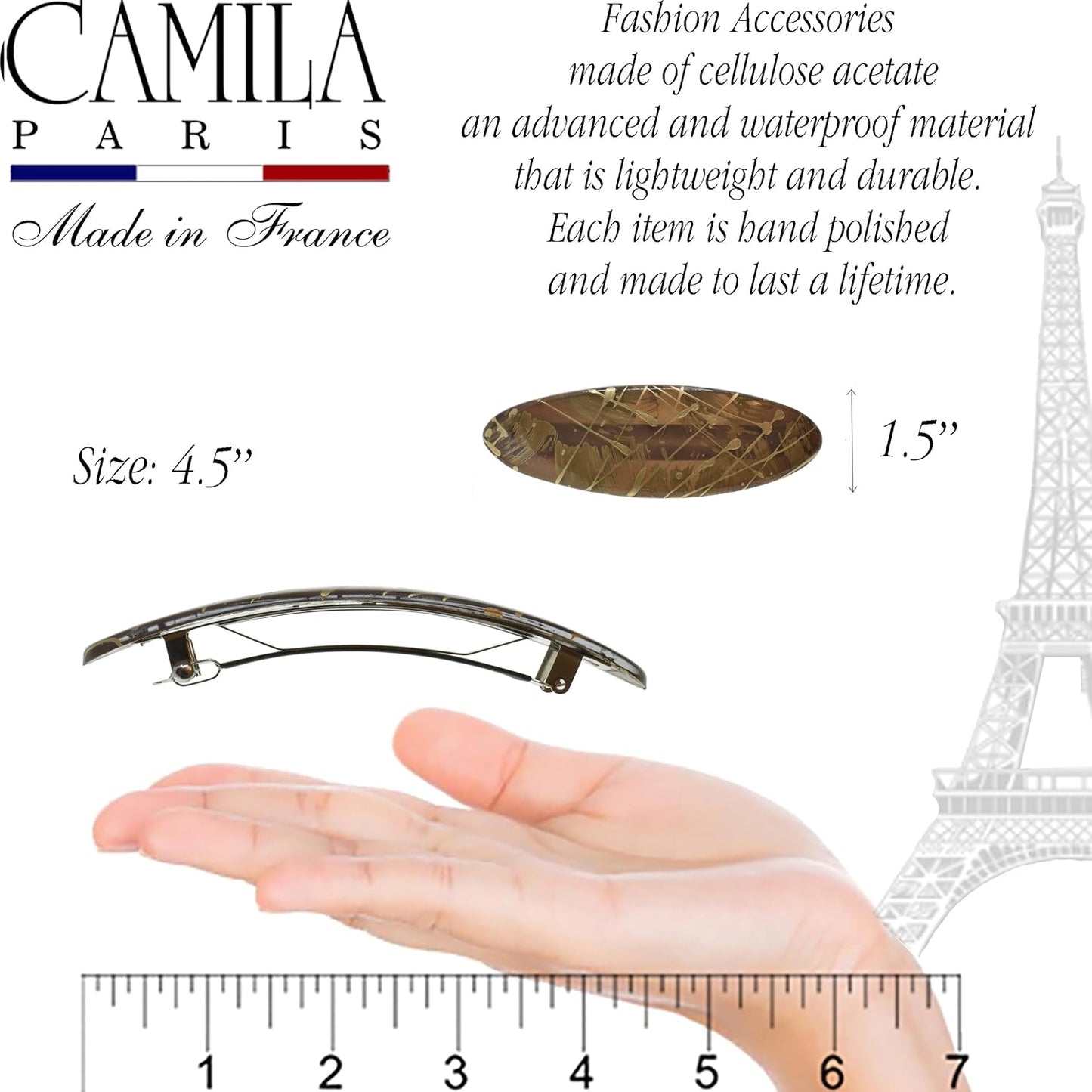 Camila Paris CP3872 French Hair Barrette Clip Oval Ligth Brown and Gold, Strong Hold Grip Hair Clips for Women, No Slip Rubberized Metal Closure, Durable Styling Girls Hair Accessories, Made in France