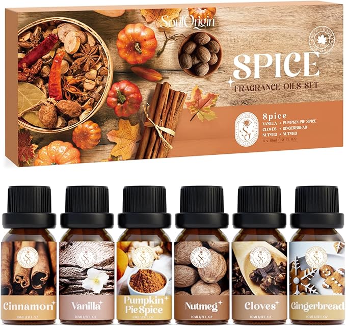Autumn Spice Essential Oils Set, Fragrance Oil Gift Set for Oil Diffusers, Scented Oils for Soap Candle Making 6x10ml - Cinnamon, Nutmeg, Vanilla, Gingerbread, Pumpkin Pie Spice, and Cloves