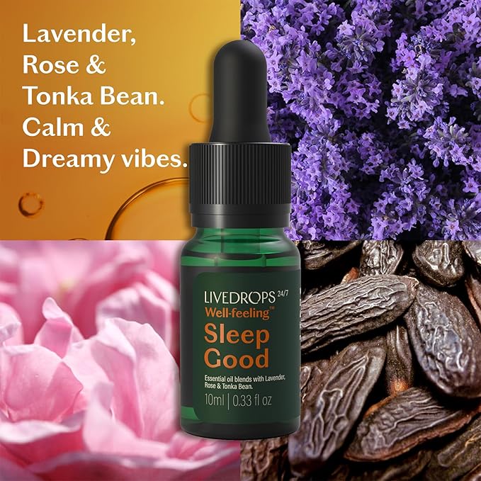 LIVEDROPS 24/7 Sleep Good Essential Oil Blend Crafted in France. Lavender, Rose & Tonka. Pure & Natural Aromatherapy Skin Safe & Diffuser Compatible Clinically Tested