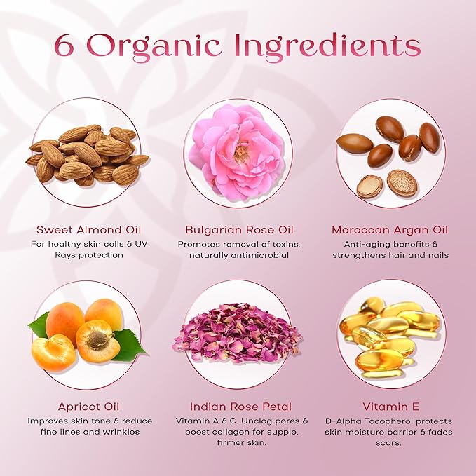 SAFA Rosé Oil - Organic Oil for Face, Body, Hair, Nails & Aromatherapy | Bulgarian Rose Essential Oil for Diffuser | After Shower Body Oil | Skin Moisturizer - 4 Fl Oz (1)