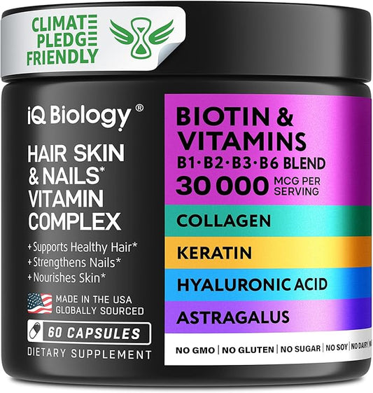 Biotin 10,000 mcg Supplement for Hair Growth with Collagen & Keratin for Hair Loss & Thinning Hair - Hair Skin and Nails Vitamins for Women & Men - Healthy Regrowth, Skin Glow & Nail Repair - 60 Caps