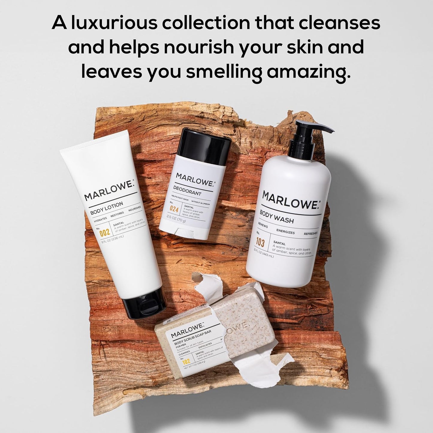 MARLOWE. Men's Grooming Santal Body Set, Features No. 102 Scrub Soap Bar, No. 024 Deodorant & No. 002 Body Lotion, Warm Amber, Sandalwood & Citron Scent