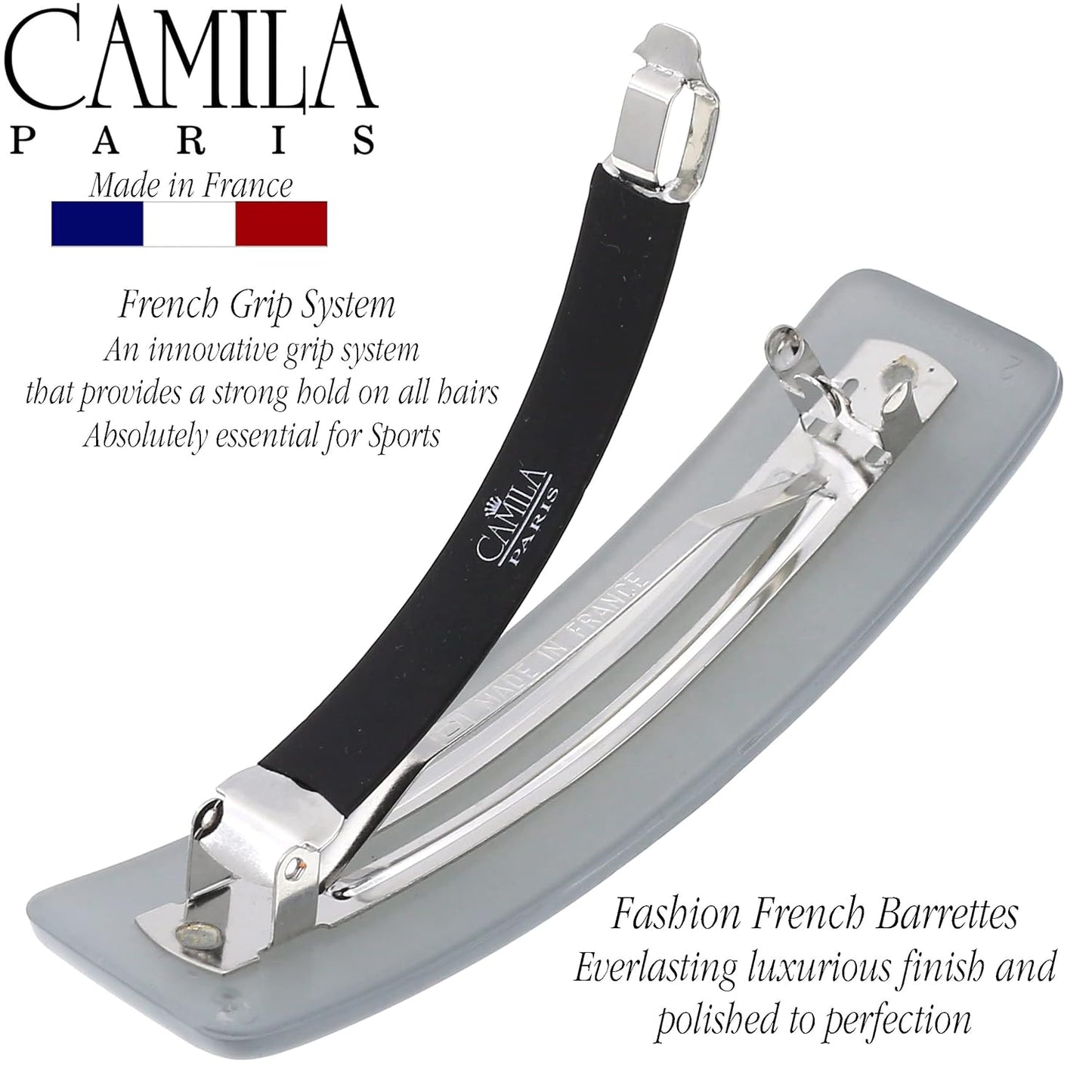 Camila Paris CP3445 French Hair Barrette Clip for Girls, Gray, Rubberized Automatic Clasp Strong Hold Grip Hair Clips for Women, No Slip and Durable Styling Girls Hair Accessories, Made in France