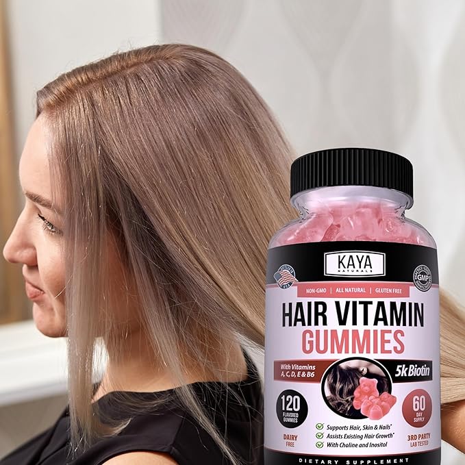 Kaya Naturals Hair Growth Gummies - Biotin 5000mcg Vitamins for Healthy Hair, Skin, and Nails - Beauty Supplement for Women or Men - 120 Count - Blueberry Flavor