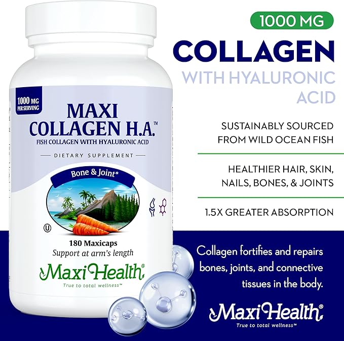 Maxi Health Collagen with Hyaluronic Acid Capsules - 1.5X More Efficient Absorption - Kosher Type I Hydrolyzed Marine Collagen Capsules Hyaluronic Acid Supplements for Hair, Skin, 180 Count