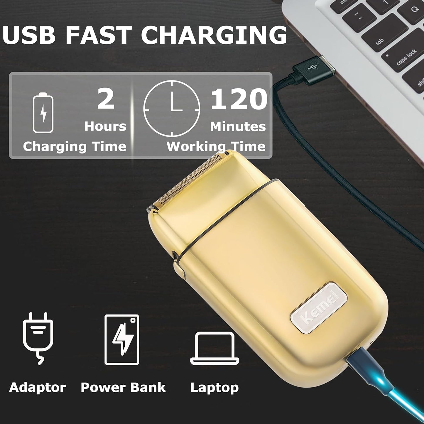 Kemei Cordless Metal Double Electric Shaver Razor for Men Close Electric Shavers, Type-C Rechargeable for Wet/Dry Shaving, KM-TX1 Gold