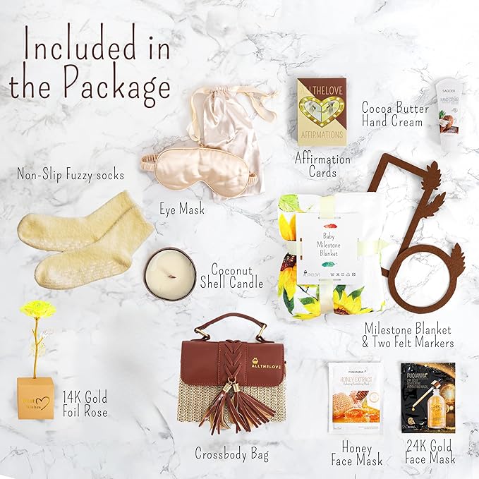 New Mom Care Package - Postpartum Gift Basket with Gold & Honey Masks, Affirmation Cards, Coco Butter Hand Cream & Digital Planner - Gifts for Pregnant Women, Baby Postpartum Kit