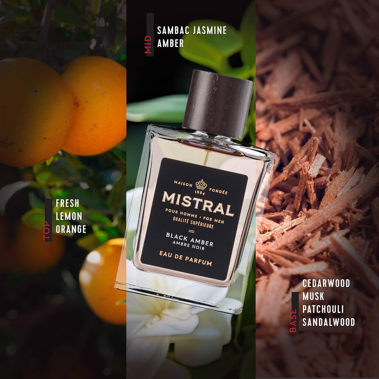 Mistral Men’s Cologne – Black Amber Eau de Parfum | Warm & Woody Masculine Scent with Fresh Lemon, Amber, Cedarwood & Musk | Cruelty-Free & Long-Lasting Perfume for Men, Made in France - 3.4 Oz